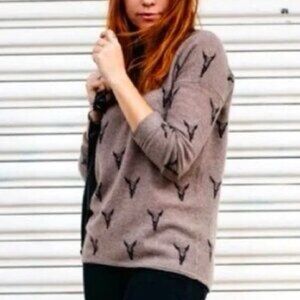 Skull Cashmere 100% Cashmere Sweater Brown Bull Skull Print Crewneck Size M